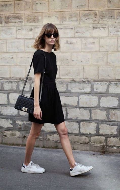 black dress with white sneakers.